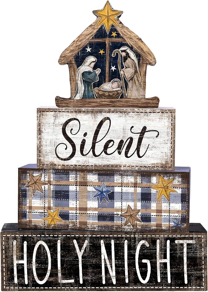 DIYDEC 4Pcs Christmas Table Decoration Christmas Jesus Wooden Block Sign Xmas Tiered Tray Decor Winter Centerpiece Decorative Sign for Holiday Tabletop Coffee Fireplace Shelf Desk Party Decor