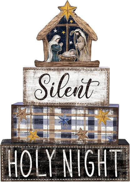 DIYDEC 4Pcs Christmas Table Decoration Christmas Jesus Wooden Block Sign Xmas Tiered Tray Decor Winter Centerpiece Decorative Sign for Holiday Tabletop Coffee Fireplace Shelf Desk Party Decor