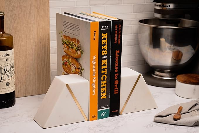Cork & Mill Marble Book Ends for Shelves, Decorative Bookends for Heavy Books, Unique Mid Century Modern White and Gold Bookends with Brass Inlay, Heavy Duty Bookshelf Stopper, Set of 2