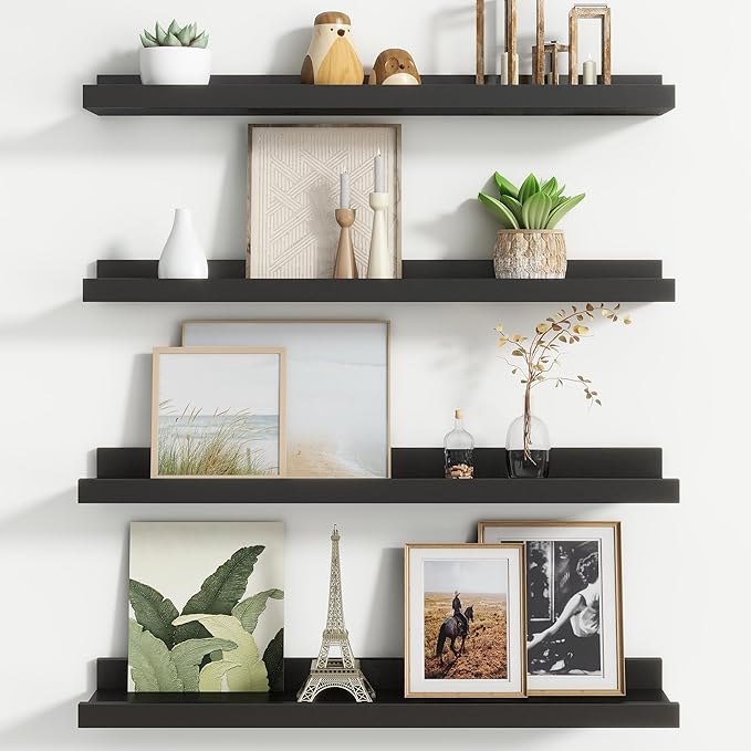 Floating Picture Ledge Shelves Set of 4, 24 Inch Shelves with Lip - Large Nursery Book Shelf for Toys Storage, Kids Bookshelf, Living Room, Bedroom Decor Frames