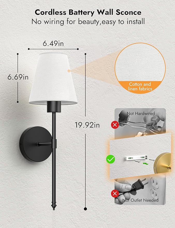 VOLISUN Battery Operated Wall Sconces Set of Two, Wireless Wall Sconces with Remote and Dimmable Bulbs, 9 Colors Battery Powered Wall Lights, Black Rechargeable Wall Lamps for Bedroom (19.7 inch)