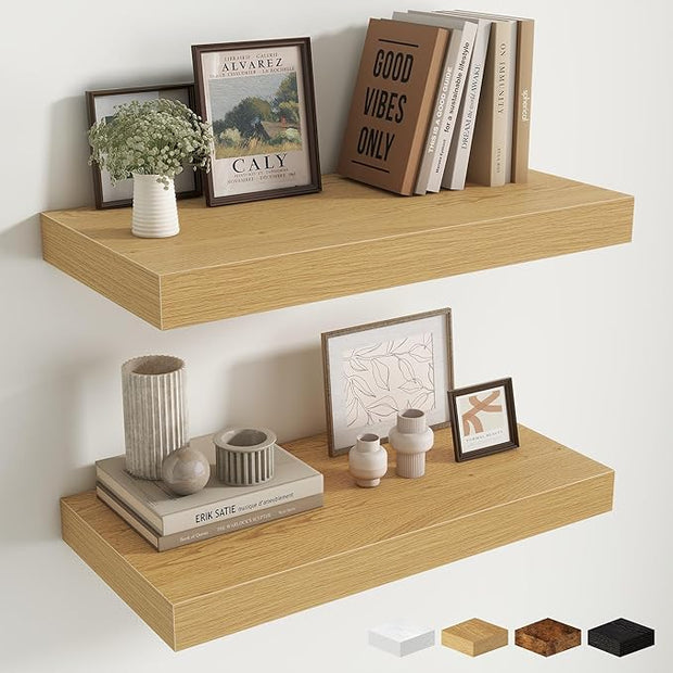 Fun Memories 24 Inch Floating Shelves Wall-Mounted, 12 Inch Deep Wall Shelves, 24 x 12 Floating Shelf, Deep Storage Shelf for Living Room Bathroom Bedroom, Oak, Set of 2