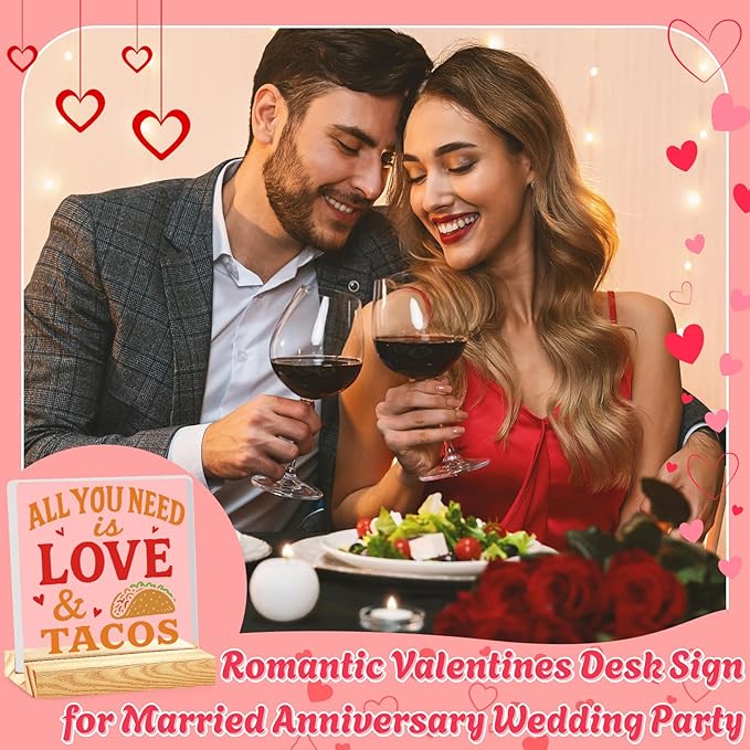 Valentines Desk Decor, Happy Valentine's Day Home Office Table Sign for Porch Tiered Tray Shelf Party, Rustic Romantic Acrylic Gifts Decorations for Him Her Wife, All You Need is Love Tacos