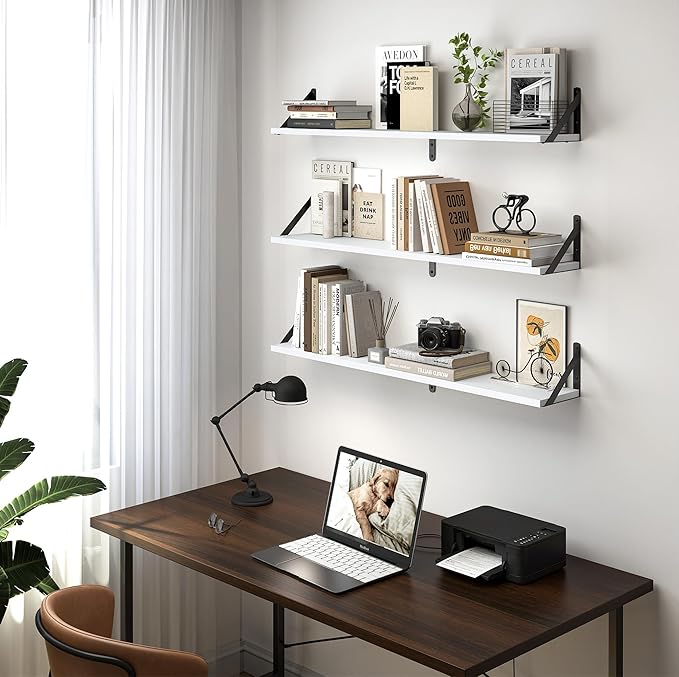 Heimlove Floating Shelves for Wall, 36 Inch Long Wood Floating Bookshelf Set of 3, Wall Mounted Hanging Shelf for Bathroom Bedroom Kitchen, White