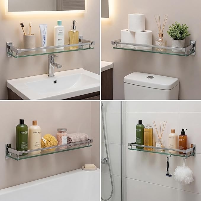 3 Pack 20 Inch Glass Bathroom Shelves for Wall, Wall Mount Glass Shelves with Stainless Steel Rail, Modern Floating Bathroom Shelf Organizer, Rectangular Room Decor for Sink, Over Toilet