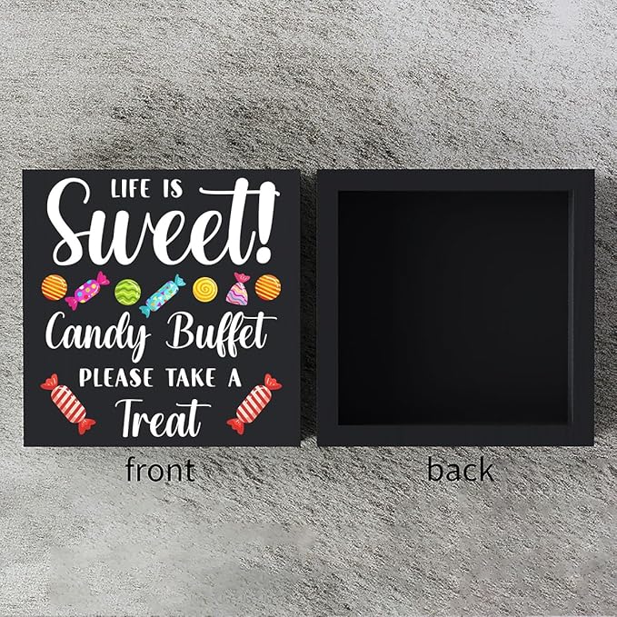 Funny Christmas Candy Buffet Wooden Box Sign Plaque Life is Sweet Candy Buffet Please Take a Treat Wood Box Sign Rustic Art Home Shelf Desk Decor 5 X 5 Inches