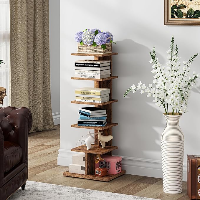 TUTOTAK Narrow Bookshelf, 6-Tier Bookcase, Spine Book Shelf for Small Space, Corner Standing Shelf for Living Room, Office, Study, Entryway, Rustic Brown BS06BB016