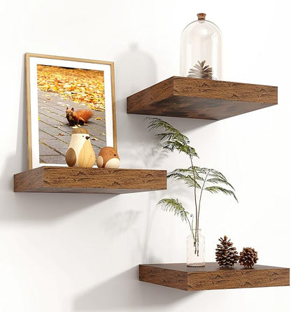 Square Floating Shelves for Wall 8"W x 8"D x 1.2"H, Engineered Wood Wall Shelves with Invisible Brackets for Living Room Bedroom Bathroom Office Kitchen Storage & Decor, Rustic Brown Finish, Set of 3