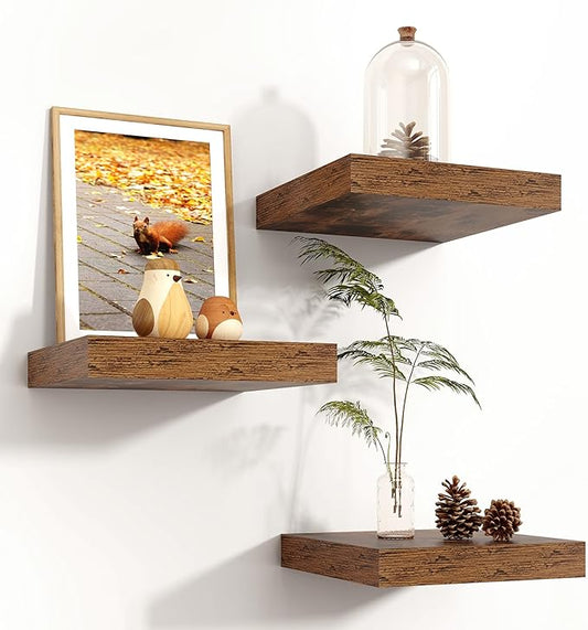 Square Floating Shelves for Wall 8"W x 8"D x 1.2"H, Engineered Wood Wall Shelves with Invisible Brackets for Living Room Bedroom Bathroom Office Kitchen Storage & Decor, Rustic Brown Finish, Set of 3