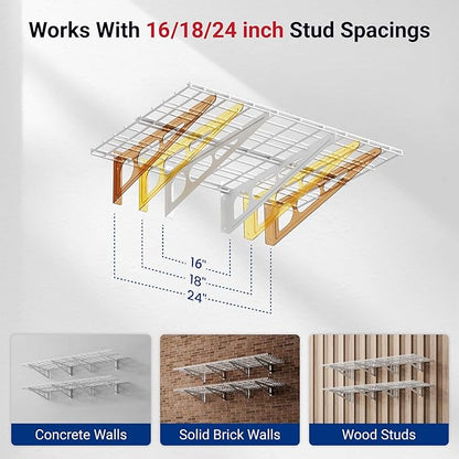 FLEXIMOUNTS 2-Pack 2x6ft Garage Shelving with Hooks 24-inch-by-72-inch Wall Shelf Garage Storage Rack Floating Shelves, White, Classic Series
