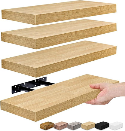Sorbus Floating Shelves for Wall – 16 Inch Floating Shelf for Kitchen, Bedroom, Living Room, Bathroom, Home & Wall Decor - Mounted Bathroom Shelves with Invisible Brackets (Maple Wood, 4 Pack)