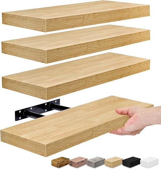 Sorbus Floating Shelves for Wall – 16 Inch Floating Shelf for Kitchen, Bedroom, Living Room, Bathroom, Home & Wall Decor - Mounted Bathroom Shelves with Invisible Brackets (Maple Wood, 4 Pack)