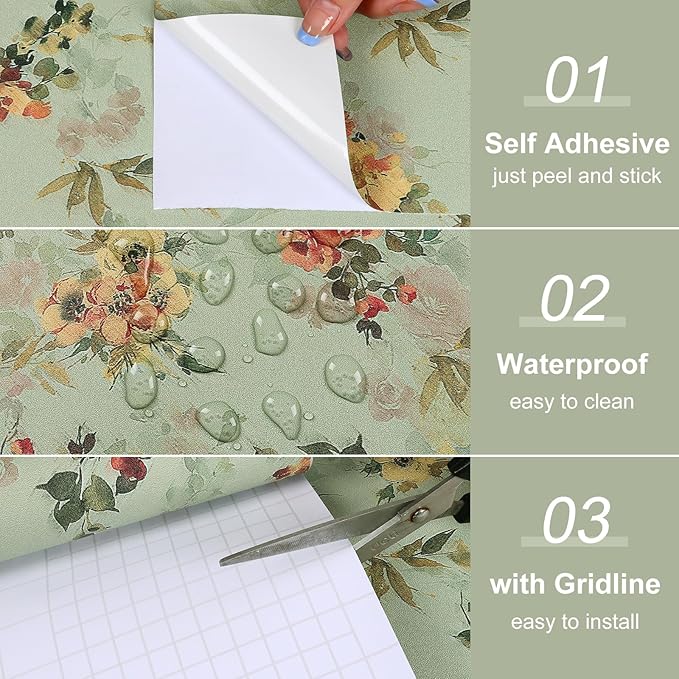 Vintage Green Floral Wallpaper Peel and Stick French Flower Wallpaper 17.7"x 157" Self Adhesive Decorative Floral Contact Paper Victorian Antique Botanical Wall Paper Wall Mural