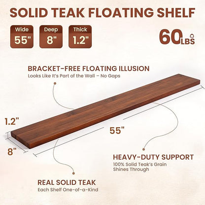 55 Inch Solid Wood Floating Shelf - 100% Solid Teak Wood Wall Shelf with Invisible Brackets - Waterproof Natural Wood Shelves for Bathroom, Kitchen, Balcony - Heavy Duty Floating Wall Decor