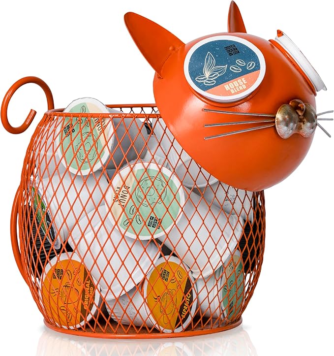 Made Easy Kit Coffee Pod Basket Organizer Useful Decor - Compatible with Keurig K-Cup Pods - Home Coffee Bar Functional Decoration - Café Station Countertop Freestanding Storage (Orange Cat)