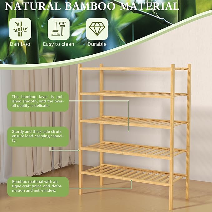 5 Tier Bamboo Shoe Rack for Closet Free Standing Wood Shoe Shelf for Entryway Small Space Stackable 27