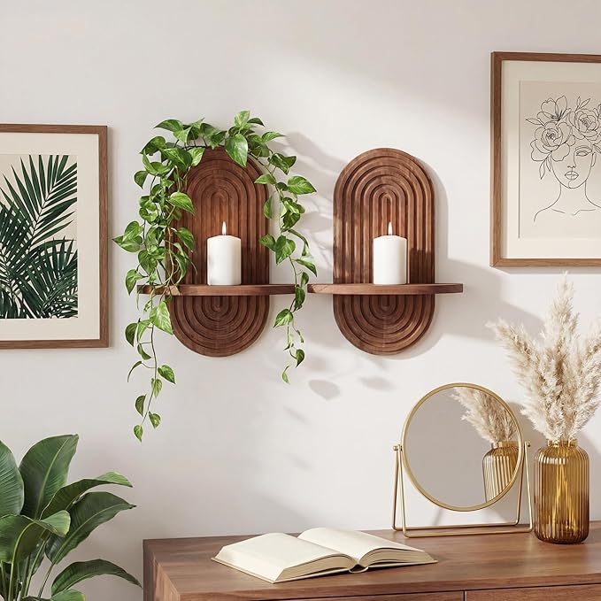 Set of 2 Boho Arched Floating Shelves 15.7”x 7.8”3D Wooden Hanging Shelf for Living Room Bedroom Nursery Mid Century Modern Wall Decor(Dark Brown, 11.7 * 15.7)