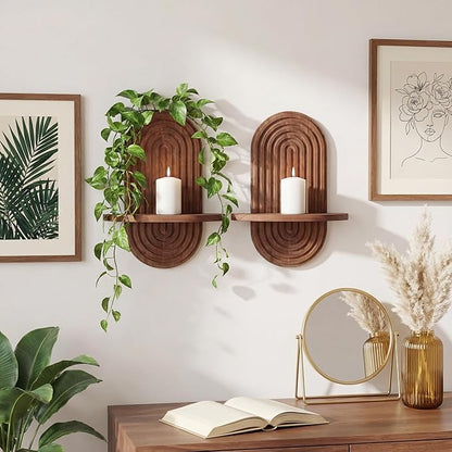 Set of 2 Boho Arched Floating Shelves 15.7”x 7.8”3D Wooden Hanging Shelf for Living Room Bedroom Nursery Mid Century Modern Wall Decor(Dark Brown, 11.7 * 15.7)