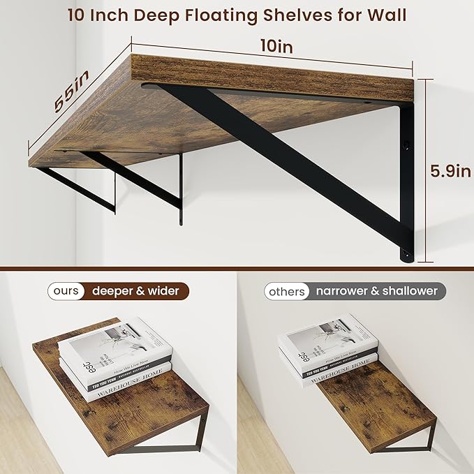 Axeman Deep Floating Shelves | 55 Inch Brown Wall Shelves Set of 2 | 10 Inch Deep Wood Floating Shelves for Wall | 55
