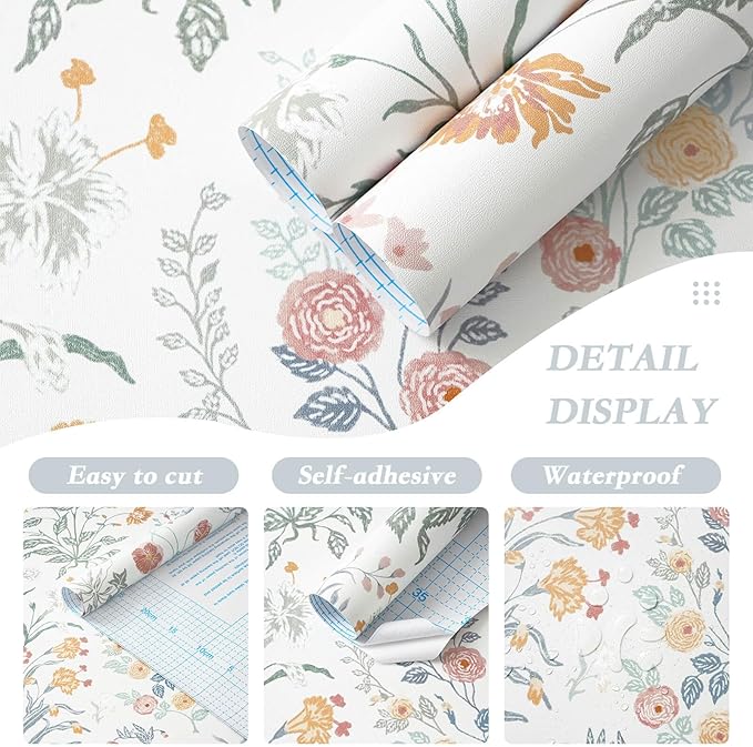 Floral Peel and Stick Wallpaper Vintage Wallpaper Colorful Wall Paper Wildflower Contact Paper for Cabinets Vinyl Renter Friendly Waterproof Self-Adhesive Bathroom Kitchen Bedroom 393