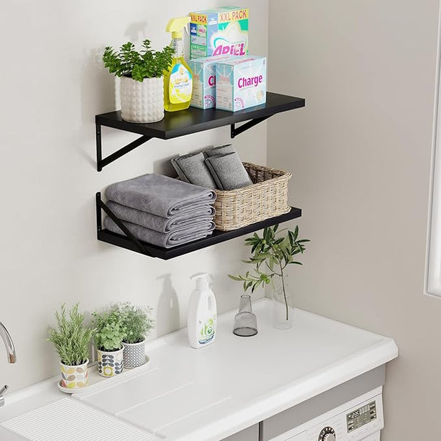 Axeman Deep Floating Shelves Black- 24 Inch Wide x 12 Inch Deep Wall Shelves Set of 2 - Black Wood Wall Shelves for Living Room Bedroom Laundry Room