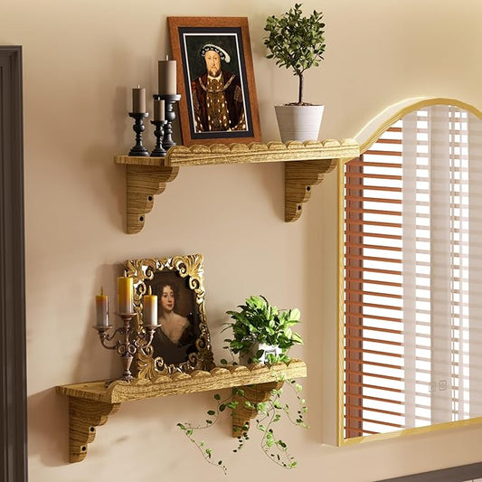 Scalloped Wood Wall Shelf – 17 Inch Floating Shelf with Wood Brackets, Easy to Install Rustic Wall Shelf for Living Room, Bedroom, Bathroom, or Any Space - Light Brown