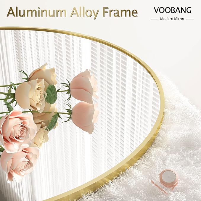 VooBang Round Mirror 23.6" Gold Wall Mounted Circle Mirrors Vanity Mirror with Aluminum Alloy Frame Modern Decoration for Bathroom, Living Room, Vanity, Bedroom, Entryway