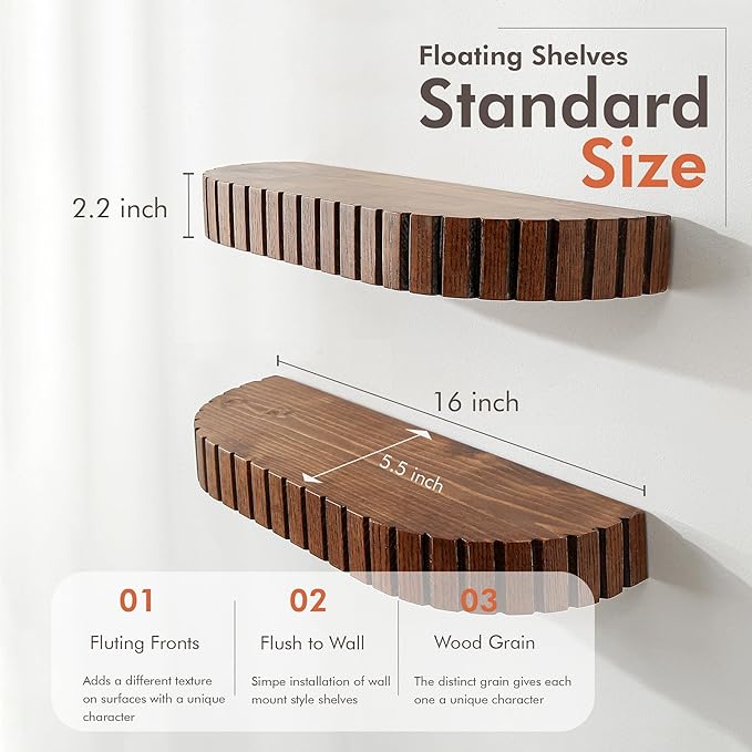 Wood Rounded Fluted Floating Shelf Set of 2, 16Wx5.5D Inch– Modern Display Shelf with Decorative Edge, Rustic Hanging Storage for Plants, Books, Photos & Home Décor