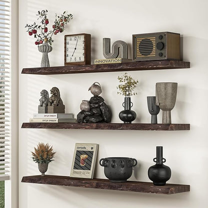 Fun Memories Floating Shelves for Wall, 60"x9.3" Rustic Solid Live-Edge Elm Wood Wall Shelves, Heavy-Duty Floating Shelves with Invisible Brackets for Living Room, Bedroom, and Kitchen, Walnut Finish