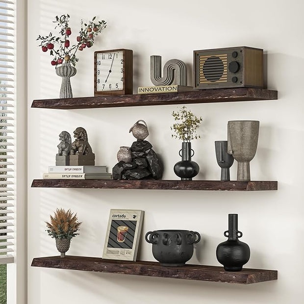 Floating Shelves for Wall, 36"x9.3" Rustic Solid Live-Edge Elm Wood Wall Shelves, Heavy-Duty Floating Shelves with Invisible Brackets, Set of 2 for Living Room, Bedroom, and Kitchen, Walnut Finish
