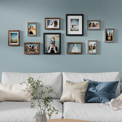 Vittanly Picture Frames Set of 10, Picture Frames Collage Wall Decor with Two 8x10, Four 5x7 and Four 4x6 Photo Frames, Gallery Wall Frame Set for Wall or Tabletop Display, Black, Brown and Dark Grey