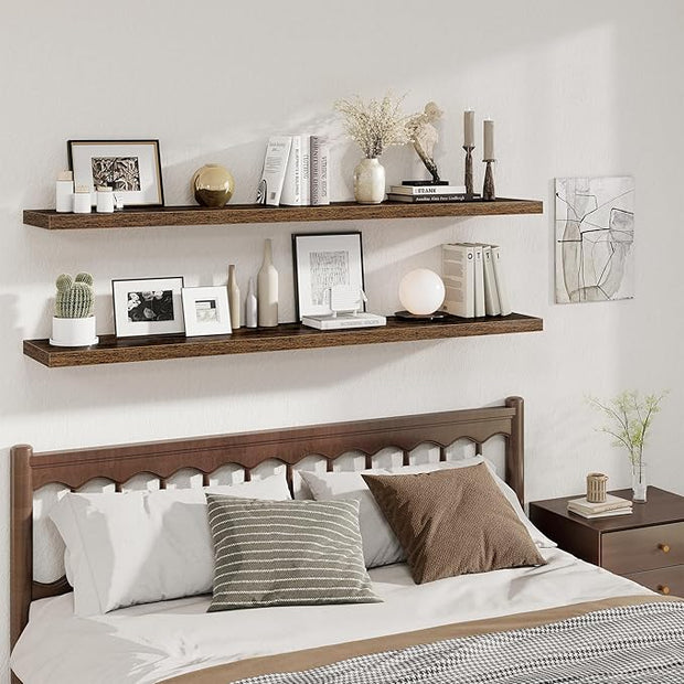Fun Memories Brown Deep Floating Shelves, 72 x 12 Inch Long Wall Shelves, Large Display Shelf & Storage Shelf, Wood Floating Wall Shelves for Fireplace Mantel, Living Room, Home Office - Set of 2