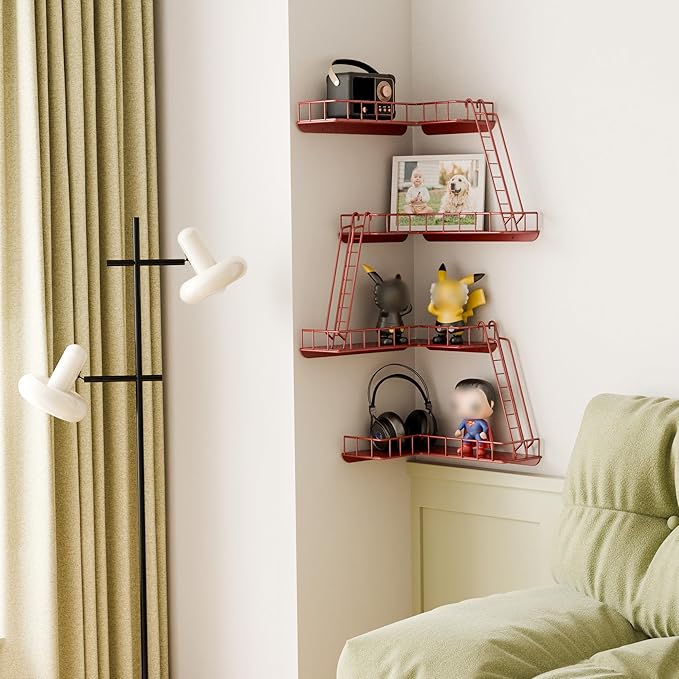 Fire Escape Wall Shelf - Modern City Style 4-Tier Corner Wall Shelves, Easy to Install Metal Ladder Shelf for Figures, New York Decorative Shelves for Bathroom, Living Room & Home Decor, Red