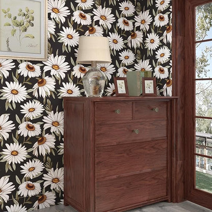 Boho Wallpaper Peel and Stick Dark Floral Contact Paper 17.5in x 118in Vinyl Waterproof Self-Adhesive Vintage Botanical Large Daisy Wall Paper for Bedroom Walls Countertop Decor