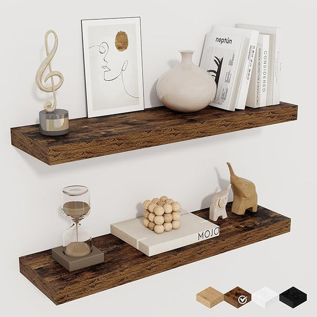 Fun Memories Floating Shelves for Wall, 24" Rustic Wood Deep Wall Mounted Shelves with Invisible Brackets for Decor & Storage, Floating Shelf for Living Room, Bathroom (Rustic Brown, Set of 2)