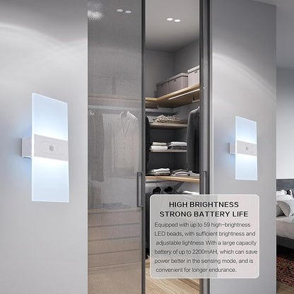 LED Dimmable Wall Sconces 2Pack,2200Mah Battery Operated Motion Sensor Magnetic Modern Wireless Wall Lamp with Button Switch Cold White for Bedroom Living Room Hallway