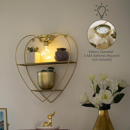 Vintiquewise Heart-Shaped 2-Tier Floating Metal Wall Shelf with Overhead Light Bulb – Decorative Wall-Mounted Shelf for Bedroom, Living Room, Hallway, Bathroom, or Entryway Decor, Gold Finish