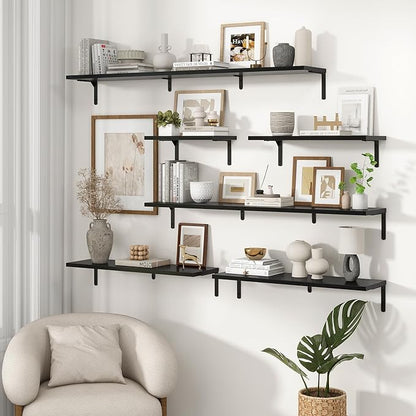 Fun Memories Deep Floating Shelves, 32W x 8D Floating Shelves Set of 2, Wall Mounted Shelf with Metal Brackets, Rustic Wood Wall Shelf for Bathroom, Kitchen and Living Room, Black