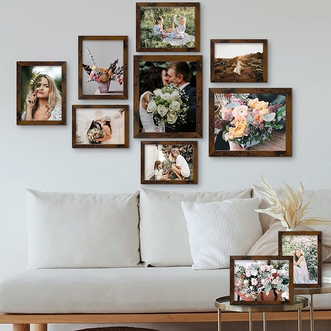 LUCKYLIFE Picture Frame Set 10-Pack, Gallery Wall Frame Collage with 8x10 5x7 4x6 Frames in Yellow Brown Finishes