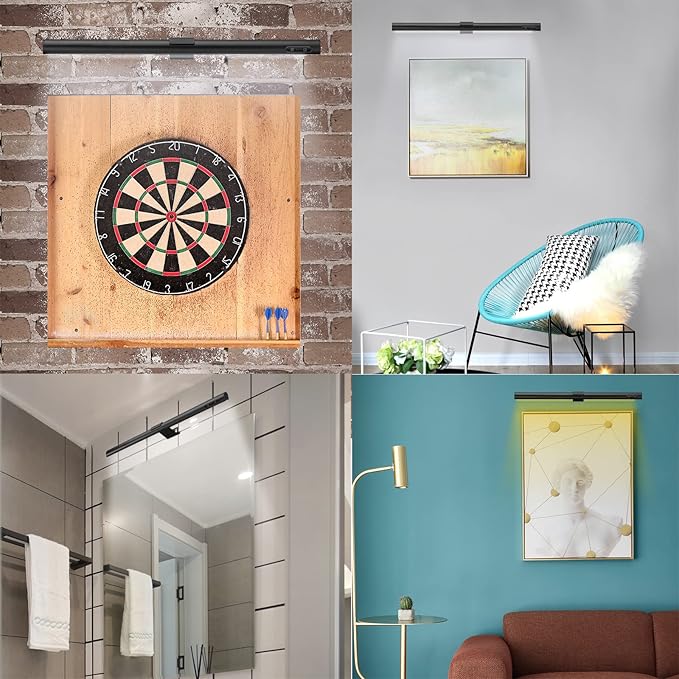 Rechargeable Picture Light Battery Operated,19.7" Wireless Painting Light with Remote Control,Metal Art Display Lamp,3 Modes,Dimmable Dartboard Light with Timer for Frame Picture