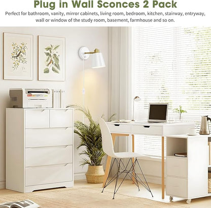Dimmable Wall Sconces Set of 2, Adjustable Angle Wall Lights with Plug in Cord and Dimmer On/Off Knob Switch, Hardwired Indoor White Wall Lamp for Bedside Bedroom Bathroom (2 Bulbs Included)