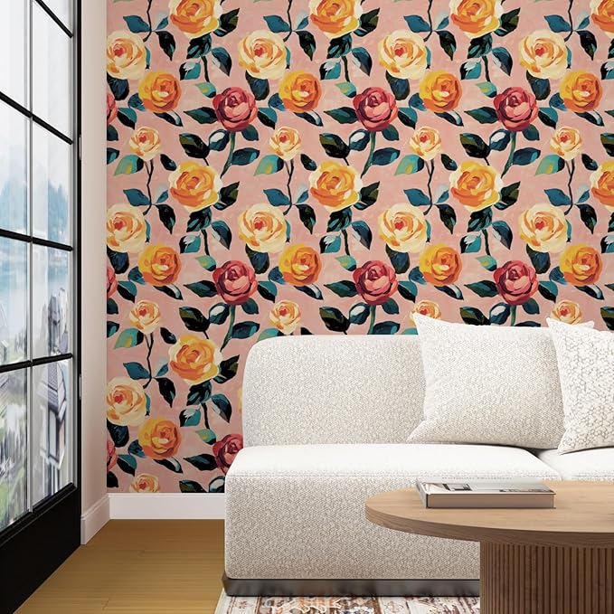 Pink Floral Wallpaper Peel and Stick, Watercolor Orange/Yellow Rose Contact Paper 17.5" x 118", Boho Wall Paper Self Adhesive Waterproof Removable for Girl Bedroom Shelves Cabinet Drawer Table Decor