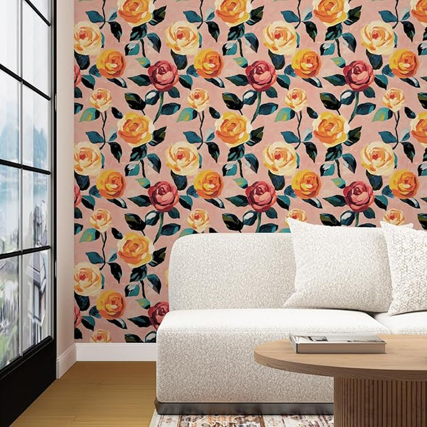 Pink Floral Wallpaper Peel and Stick, Watercolor Orange/Yellow Rose Contact Paper 17.5" x 118", Boho Wall Paper Self Adhesive Waterproof Removable for Girl Bedroom Shelves Cabinet Drawer Table Decor