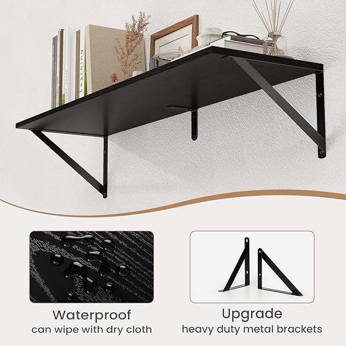 Heimlove Black Deep Floating Shelves for Wall, 32W x 8D Wood Wall Shelves Set of 2, Wide Floating Bookshelf for Living Room, Kitchen, Office, Bedroom and Decor Storage, with Metal Bracket - Black