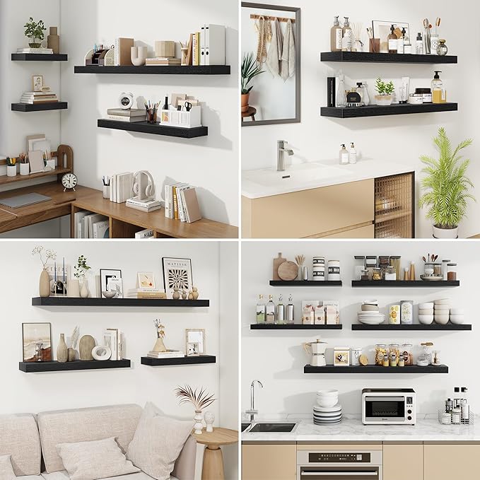 fuqing Floating Shelves for Wall, Wall Mounted Wood Floating Shelf with Invisible Brackets for Living Room, Bathroom, Bedroom, Kitchen Storage and Decor, 40 Inch Set of 2, Black