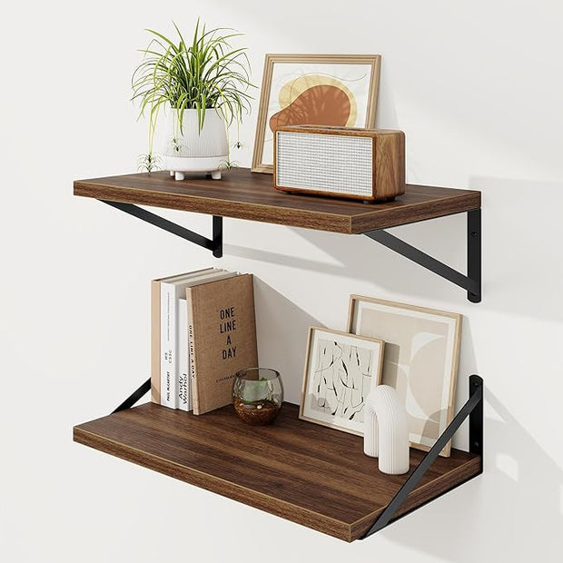 Floating Shelves, 12 Inch Deep Rustic Wood Wall Storage, 24W x 12D Wall Shelves Set of 2, Heavy Duty Metal Brackets, Large Industrial Book Shelf for Living Room, Kitchen, Bedroom, Walnut
