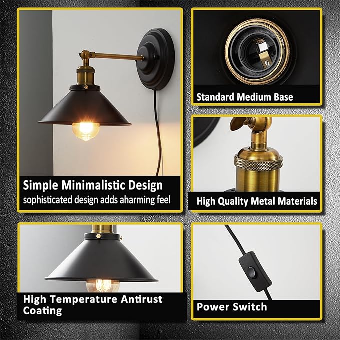 Lightess Plug in Wall Sconces Set of 2, Vintage Plug in Wall Light with 6FT On/Off Switch, Rotatable Mounted Lamps for Bedroom Living Room