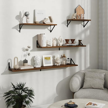 Floating Shelves, 8 Inch Deep Rustic Wood Wall Storage, 16W x 8D Wall Shelves Set of 2, Heavy Duty Metal Brackets, Industrial Book Shelf for Living Room, Kitchen, Bathroom, Bedroom, Walnut