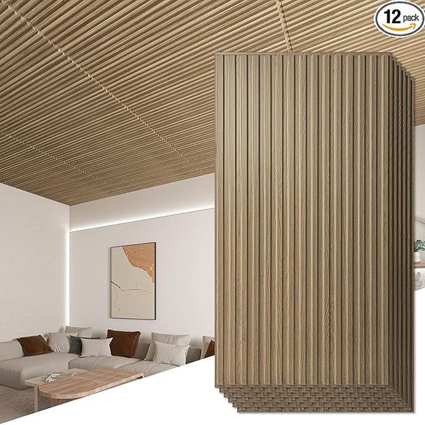 Art3d 12-Pack Slat Design 3D Wall Panels for Interior Wall Decor, 2x4 FT PVC Decorative Drop Ceiling Tiles - Walnut