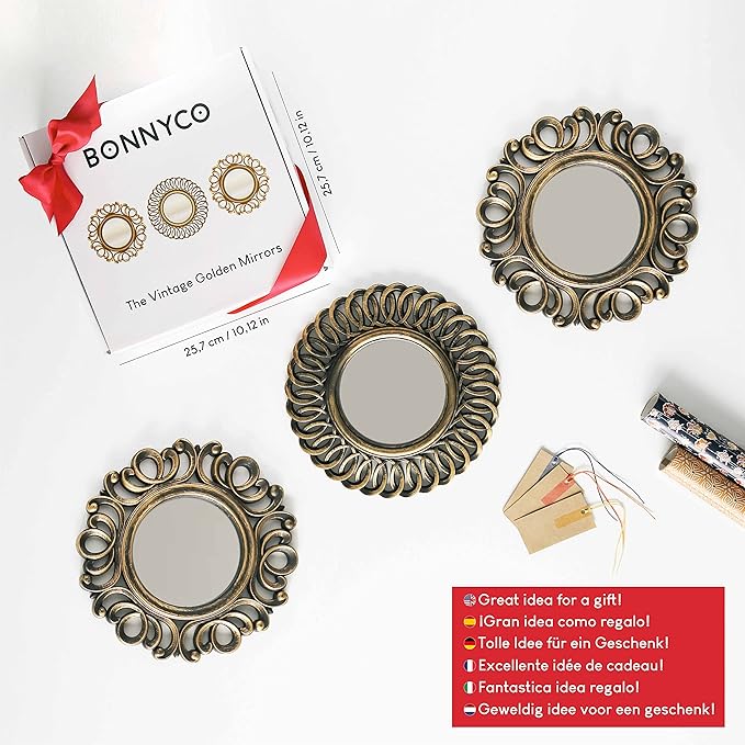 BONNYCO Wall Mirrors Pack of 3, Round Gold Mirrors for Home Decor Bedroom and Living Room. Espejos Decorativos de Pared Sala Dormitorio, Circle Wall Decor Minimalist Vintage Chic. Gifts for Women Mums